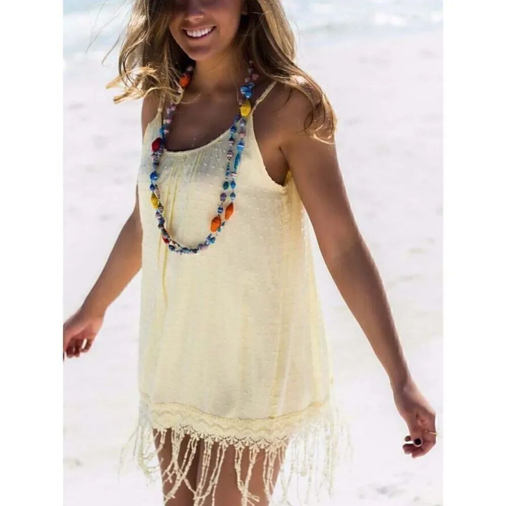 Dani Collection Spaghetti Strap Fringe Criss Cross Back Pale Yellow Dress Size S